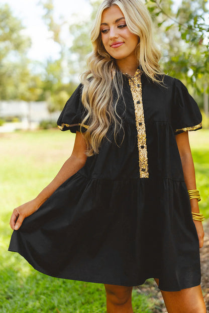 Sequin Trim Bubble Sleeve Game Day Shirt Dress | Black