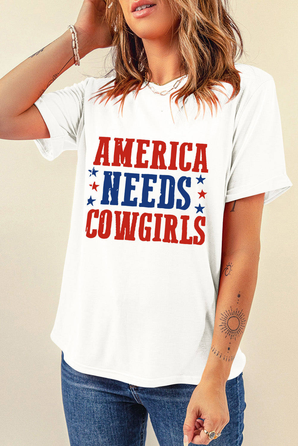 America Needs Cowgirls Crew Neck Graphic Tee | White