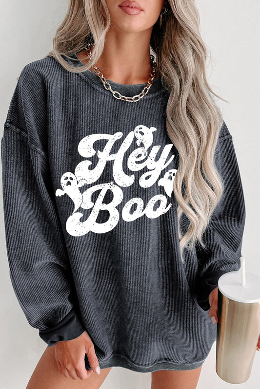 Gray Corded Hey Boo Ghost Graphic Drop Shoulder Halloween Sweatshirt