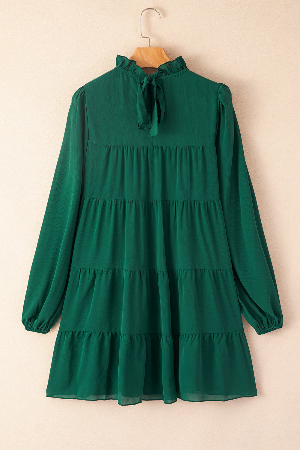 Puff Sleeve Mock Neck Back Knot Tiered Dress | Green