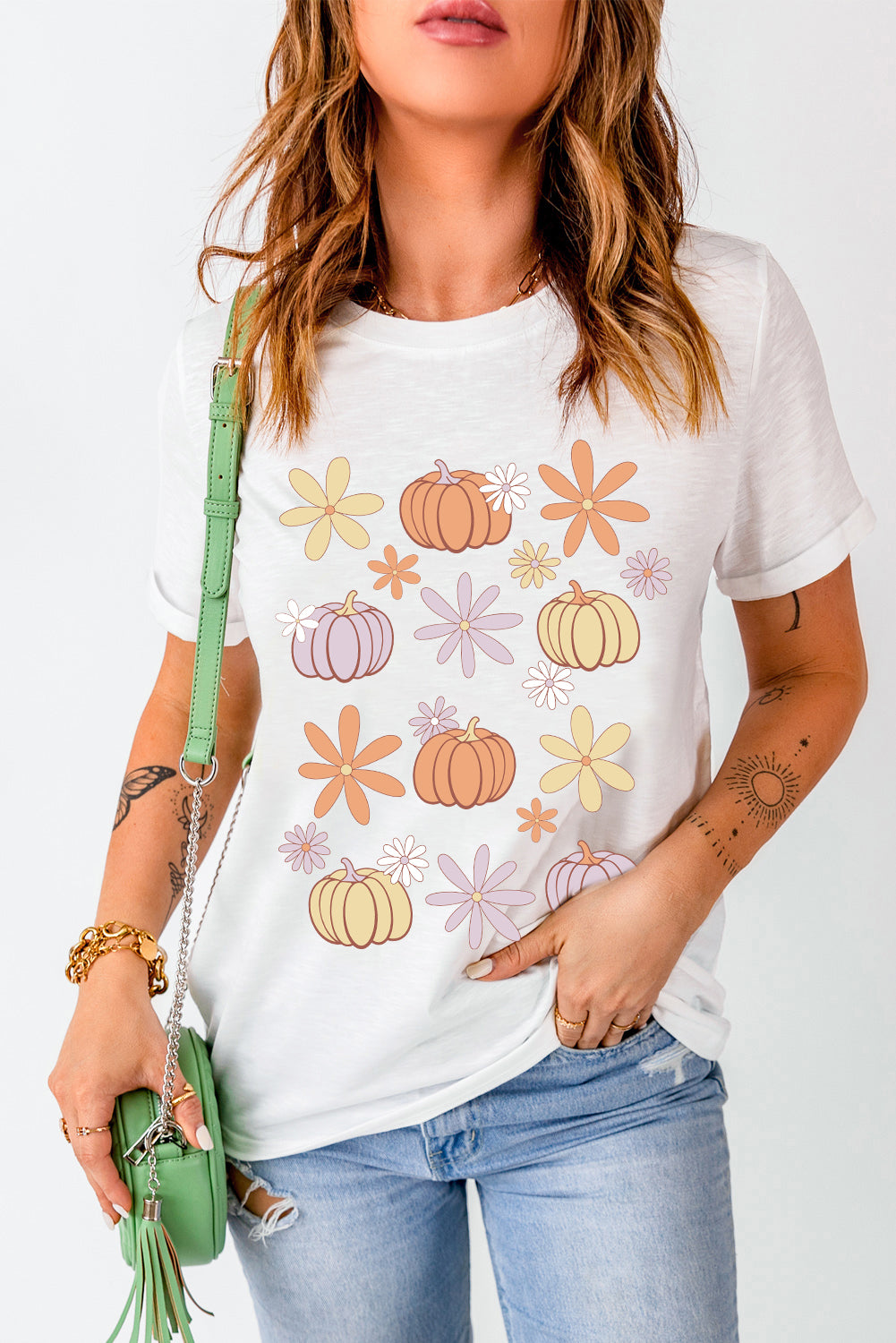 Floral Pumpkin Graphic Crewneck Halloween T Shirt | White