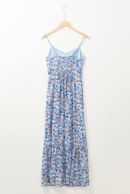 Floral Print Ruffled Ruched Maxi Dress | Sky Blue