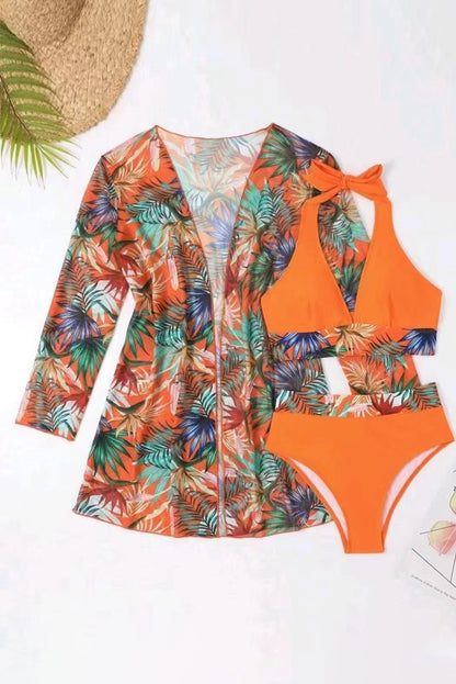 3 Piece Tropical Contrast Trim Halter Bikini Set with Cover Up | Carrot