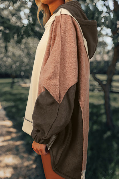 Oversized Colour Block Patchwork High Low Hoodie | Beige