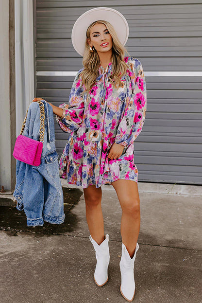 Floral Tie Neck Bubble Sleeve Shift Dress | Multicolour