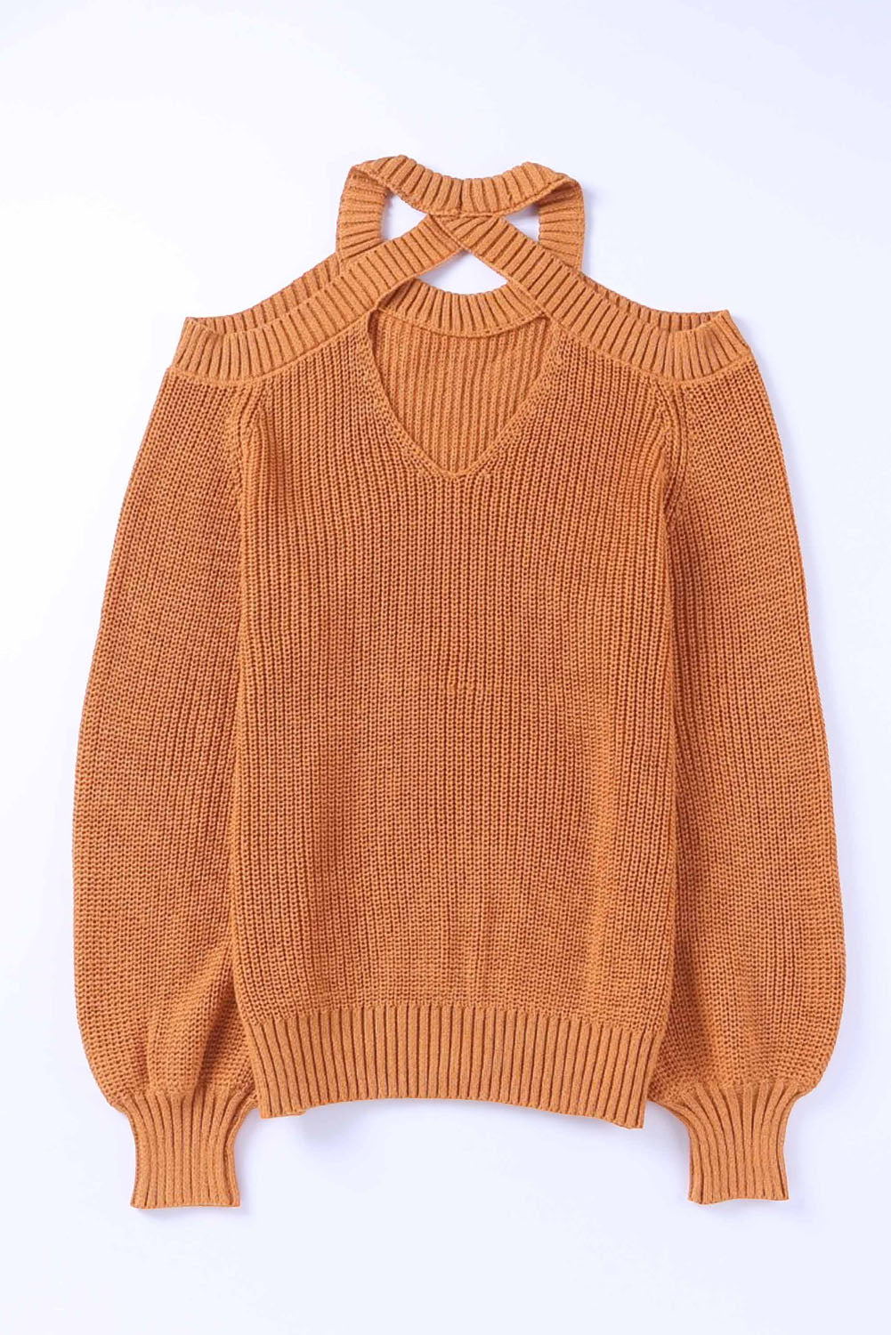 Crew Neck Cold Shoulder Hollow-Out Back Sweater | Brown