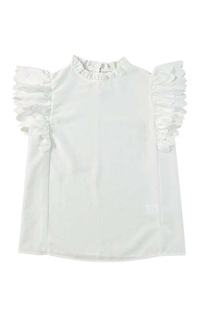 Solid Colour Scalloped Ruffle Sleeve Top | White