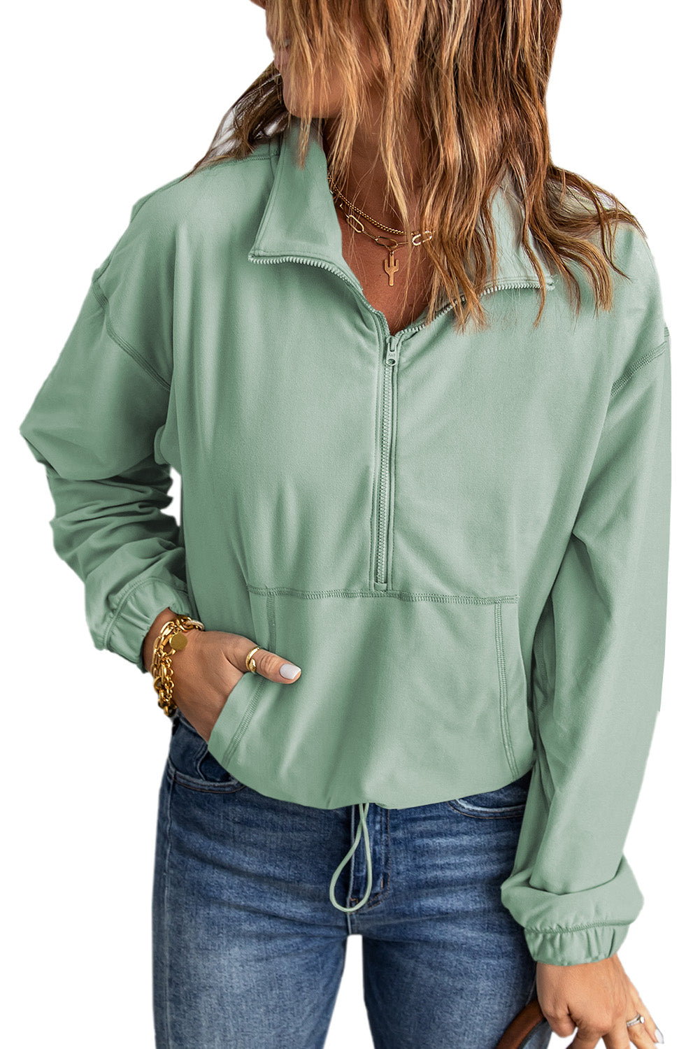 Zip Front Pocketed Pullover Sweatshirt | Green