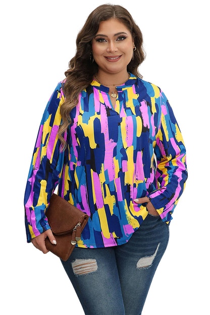 Plus Size Brushstroke Print 3/4 Sleeve Blouse | Blue