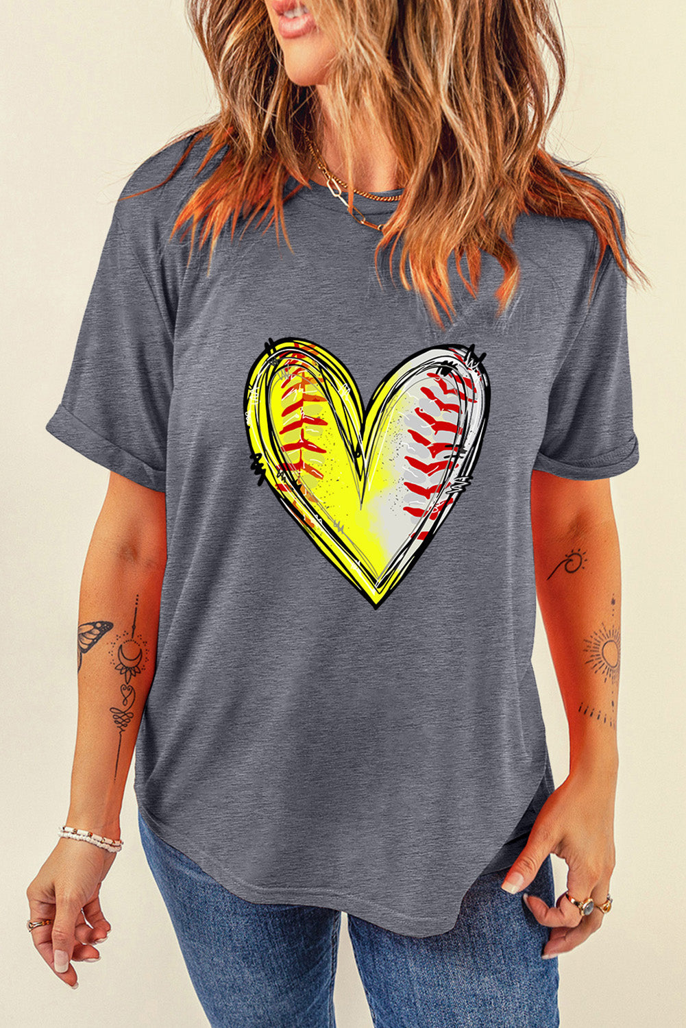 Baseball Heart Shape Print Crew Neck T Shirt | Gray