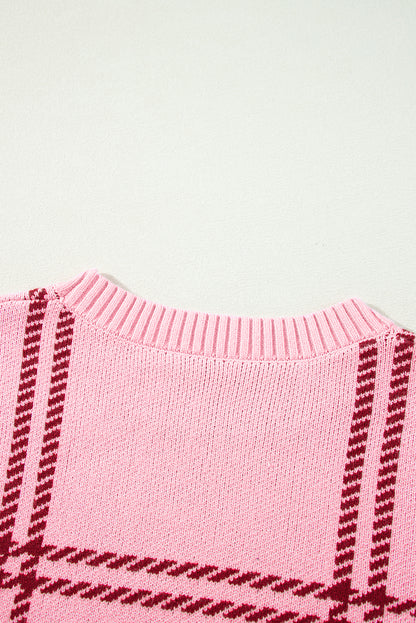 Plaid Pattern Knitted Drop Shoulder Sweater | Pink