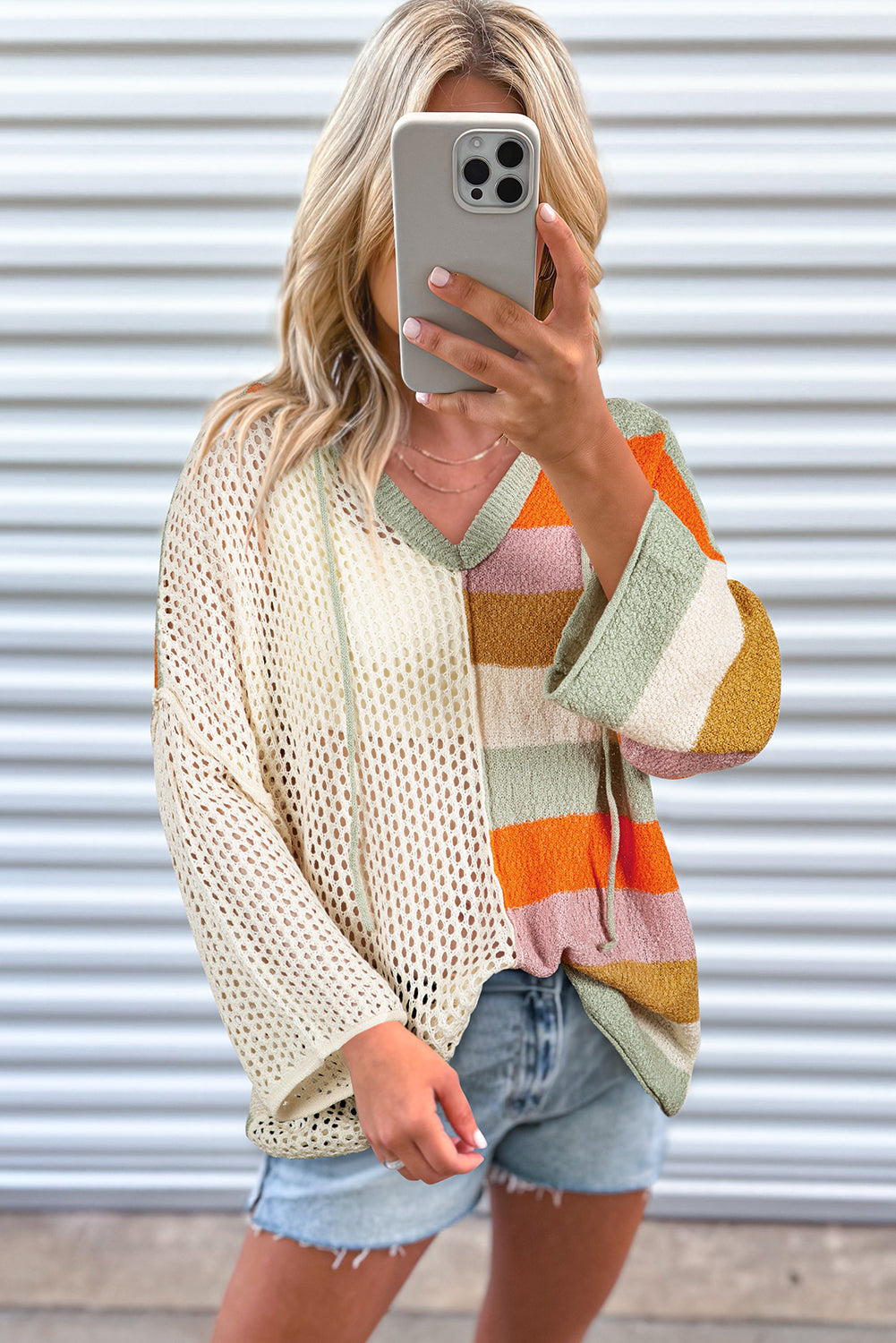 Oversized Colourblock V Neck Hooded Sweater | Beige