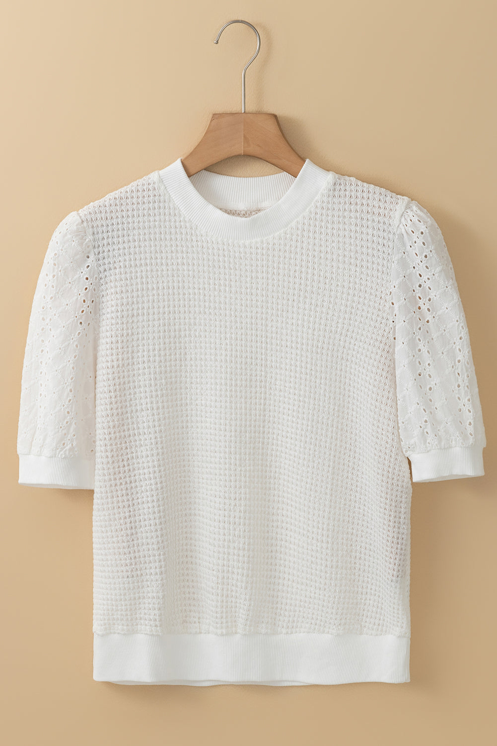 Broderie Anglaise Puff Sleeve Waffle Knit Tee | White