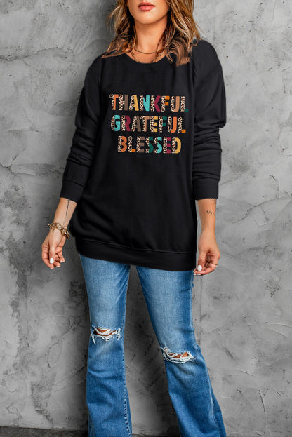 Leopard Tankful Grateful Blessed Graphic Sweatshirt | Black