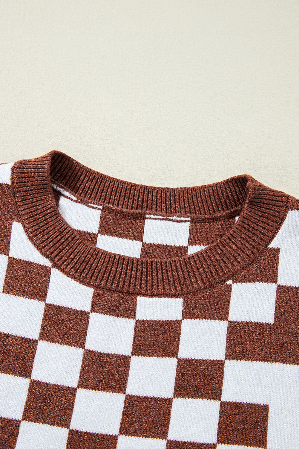 Checkered Print Drop Shoulder Round Neck Sweater | Brown