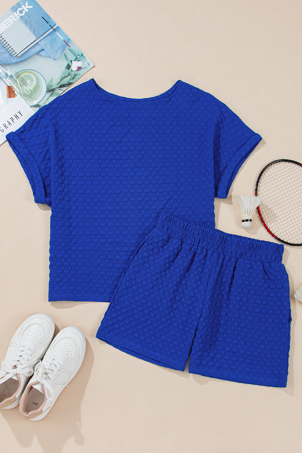 Jacquard Textured Buttoned Tee And Shorts Set | Sky Blue