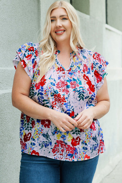 Fiery  Plus Floral Print Ruffle Cap Sleeve V Neck Blouse | Red