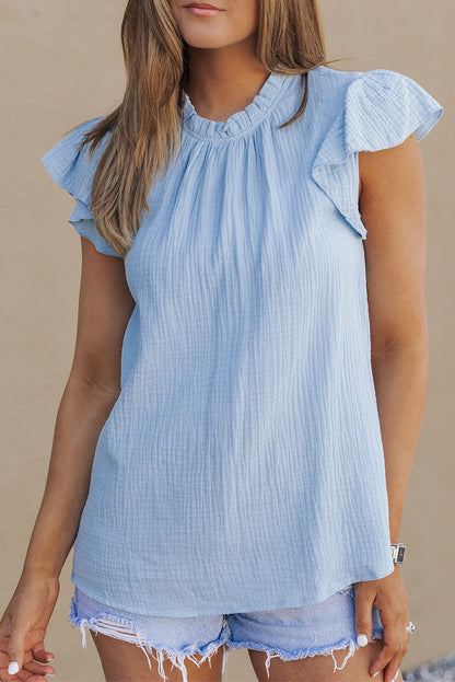 Flutter Sleeve Frilled Neck Textured Blouse | Sky Blue