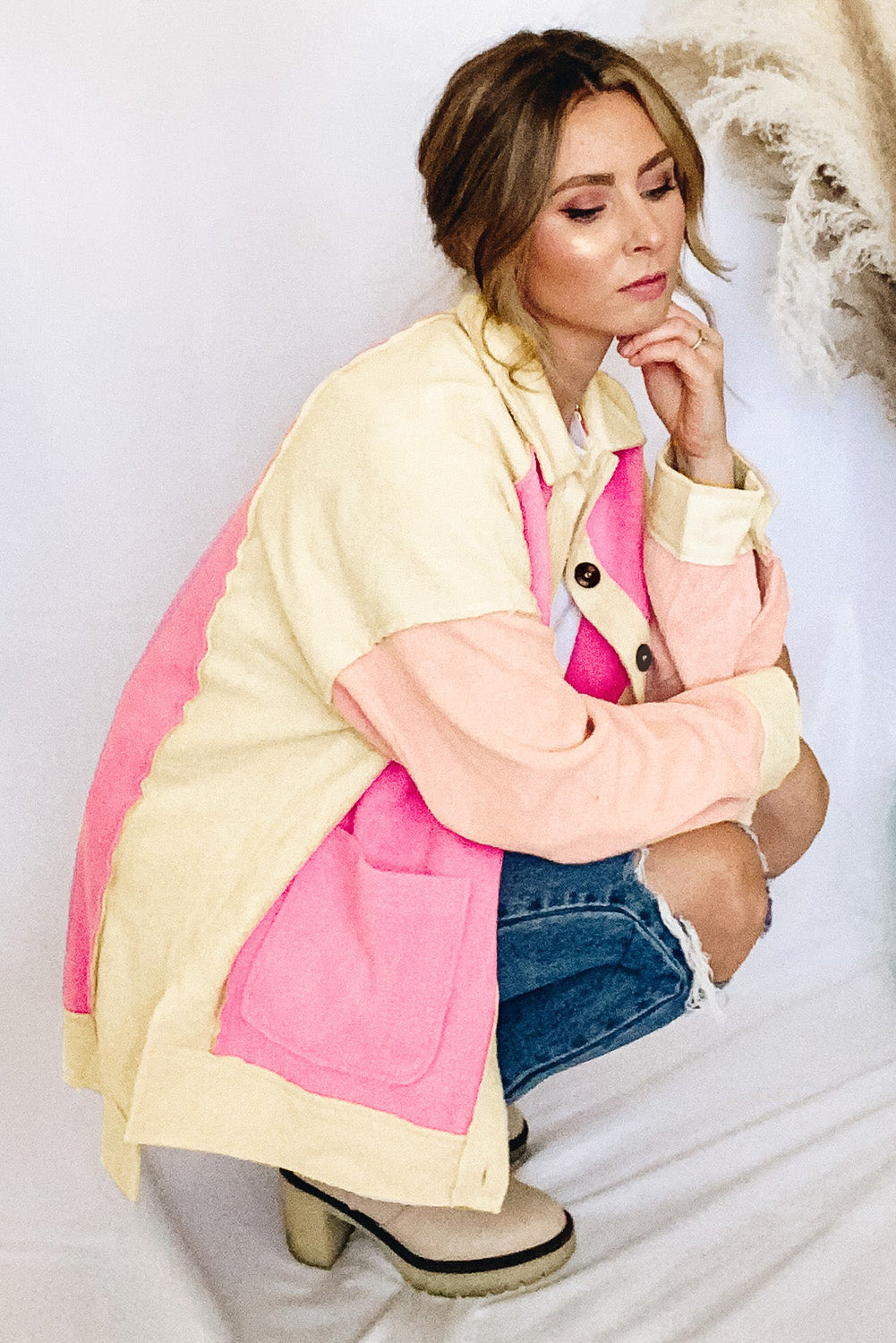 Colour Block Patchwork High Low Fleece Shacket | Rose