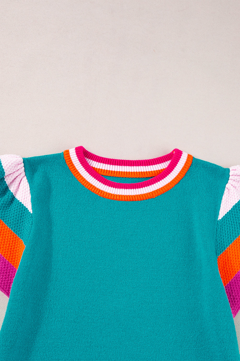 Contrast Flutter Sleeves Knitted Sweater T Shirt | Turquoise