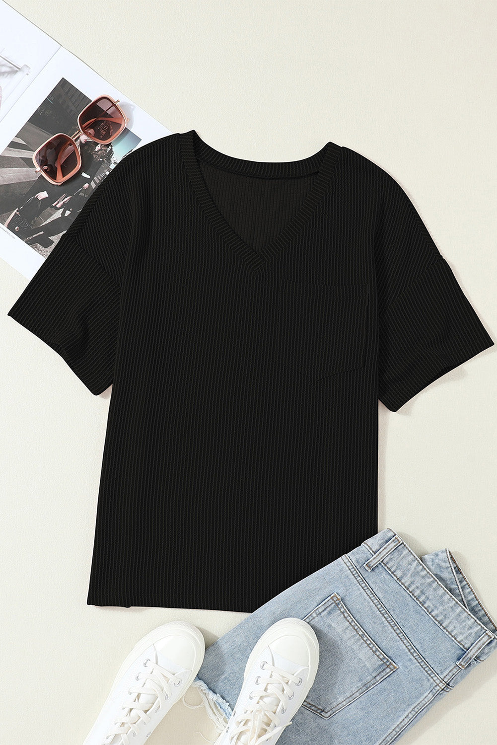 Corded V Neck Chest Pocket Loose T-Shirt | Black