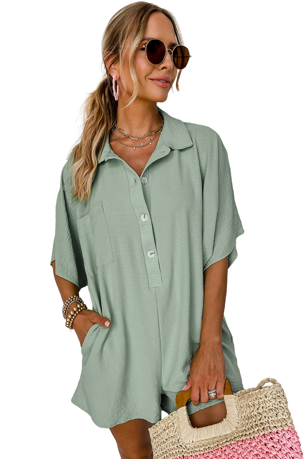 Half Button Collared Loose Romper | Spinach Green