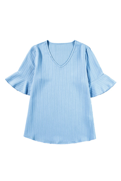 Ruffled Half Sleeve V Neck Textured Top | Beau Blue