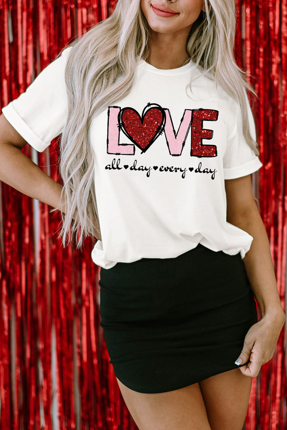 White Valentine LOVE Heart Shape Crew Neck Graphic Tee