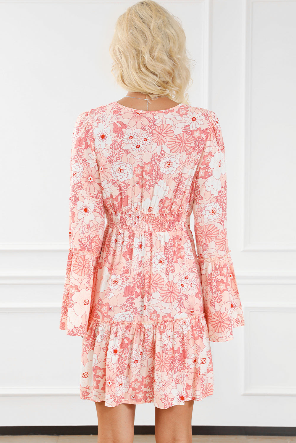 Floral Smocked High Waist Bell Sleeve Mini Dress | Apricot Powder