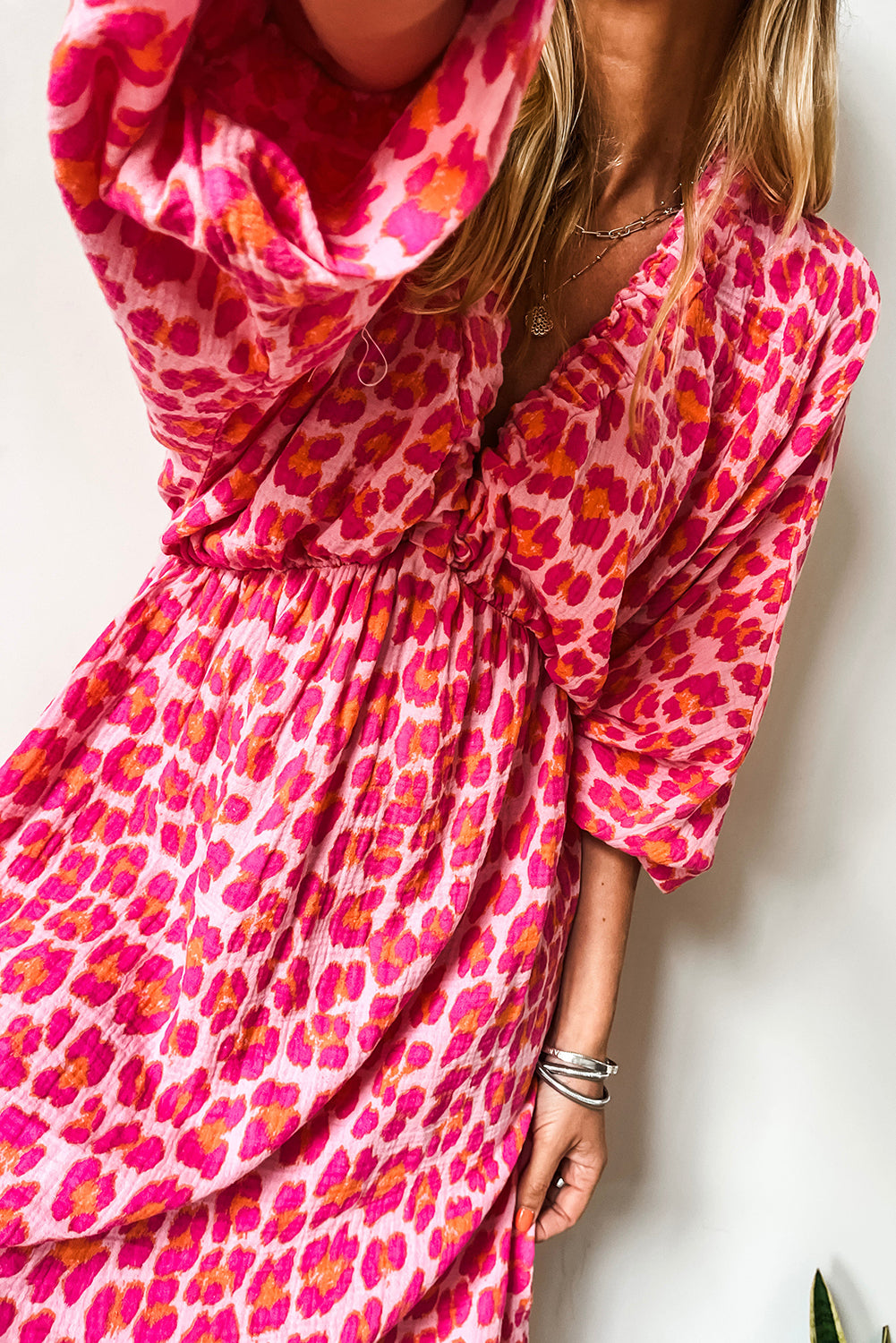 Leopard Print Elasticated V Neck 3/4 Puff Sleeve Dress | Pink