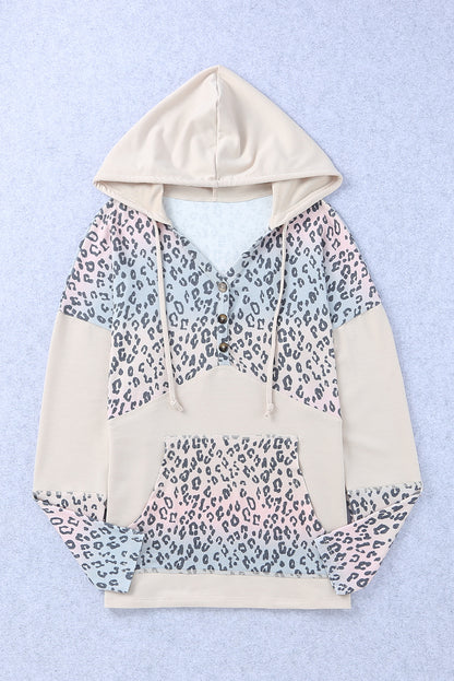 Leopard Patchwork Buttons Hooded Sweatshirt With Pocket | Apricot