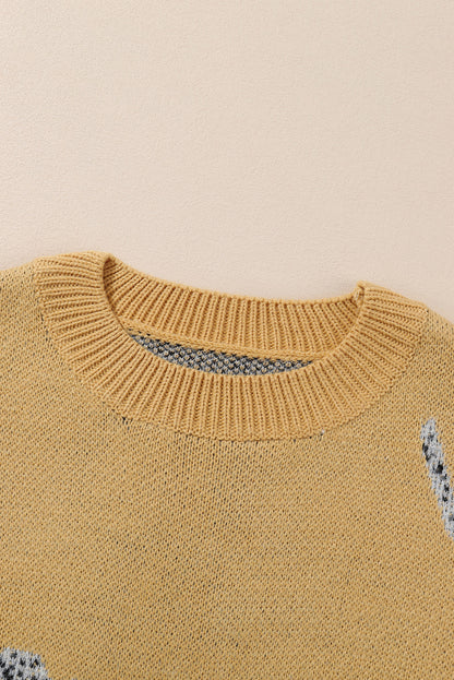 Fuzzy Cheetah Accent Round Neck Sweater | Camel