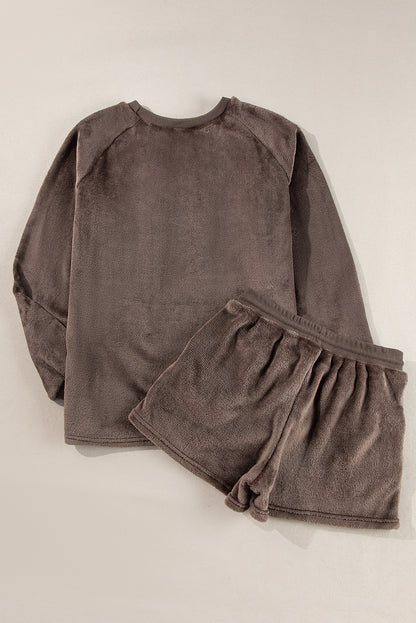 Solid Loose Fit Two Piece Fleece Lounge Set | Coffee