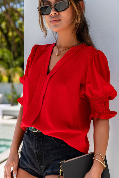 Fiery  Solid Colour Half Sleeve V Neck Blouse | Red