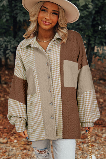 Houndstooth Colour Contrast Textured Patchwork Loose Shacket | Khaki