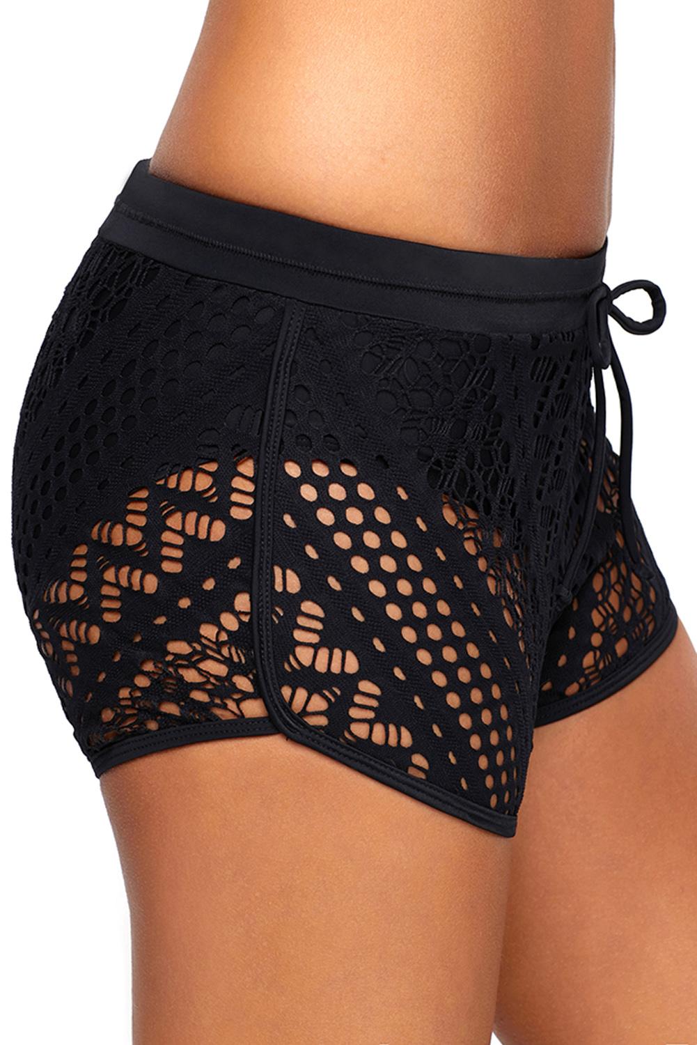 Hollow Out Lace Overlay Swim Short Bottom | Black