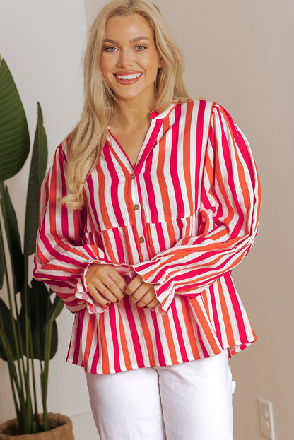 Balloon Sleeve Notched V Neck Buttoned Front Blouse | Orange Stripe