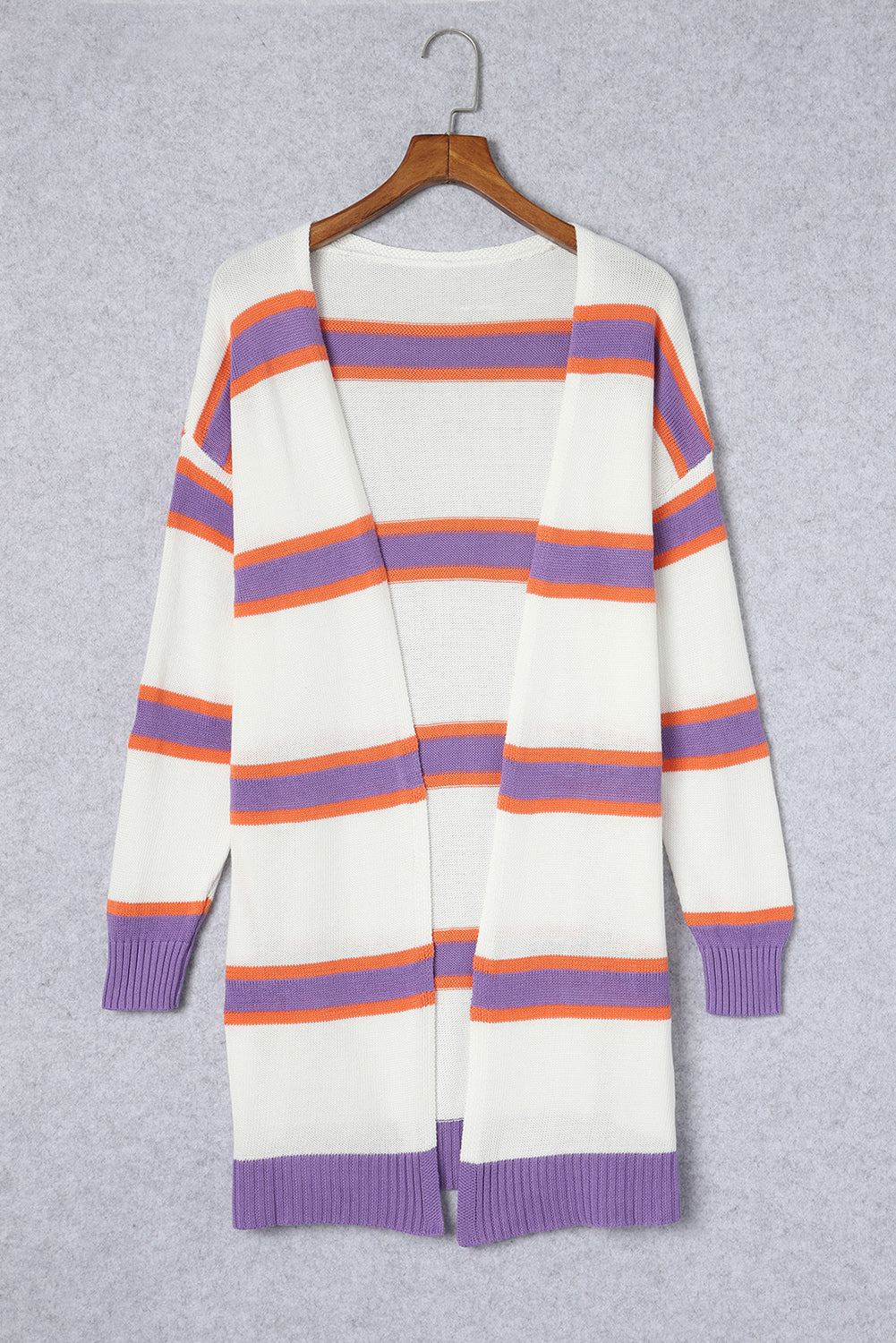 Striped Long Sleeve Ribbed Trim Button Cardigan | Beige