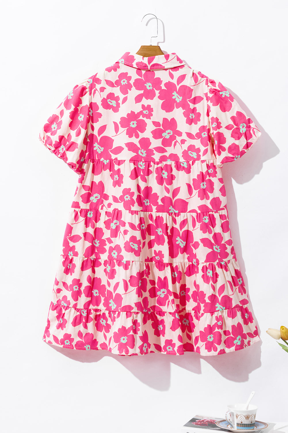 Floral Tiered Puff Sleeve Mini Shirt Dress | Pink