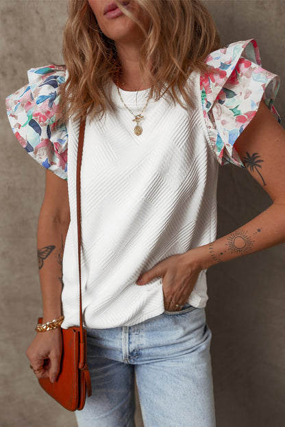 Abstract Print Tiered Ruffled Sleeve Textured Knit Top | White