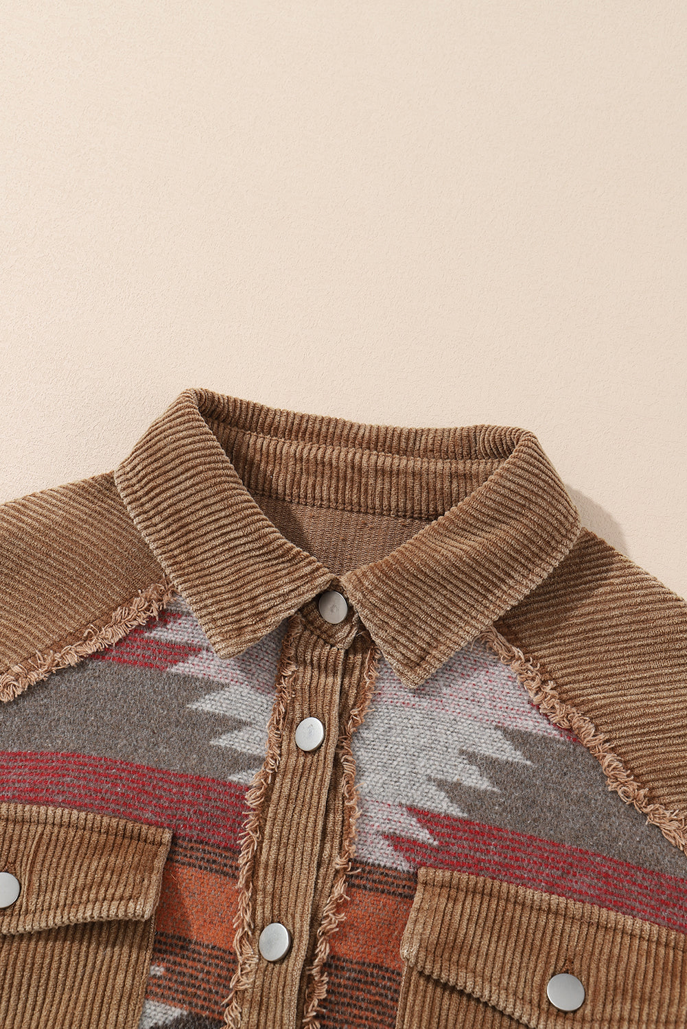 Western Pattern Patchwork Flap Pocket Shacket | Camel