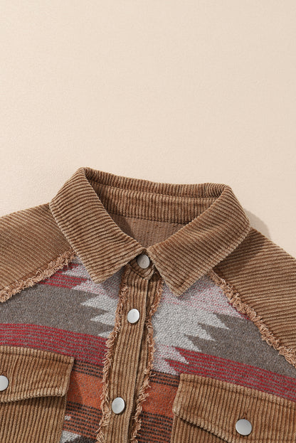 Western Pattern Patchwork Flap Pocket Shacket | Camel