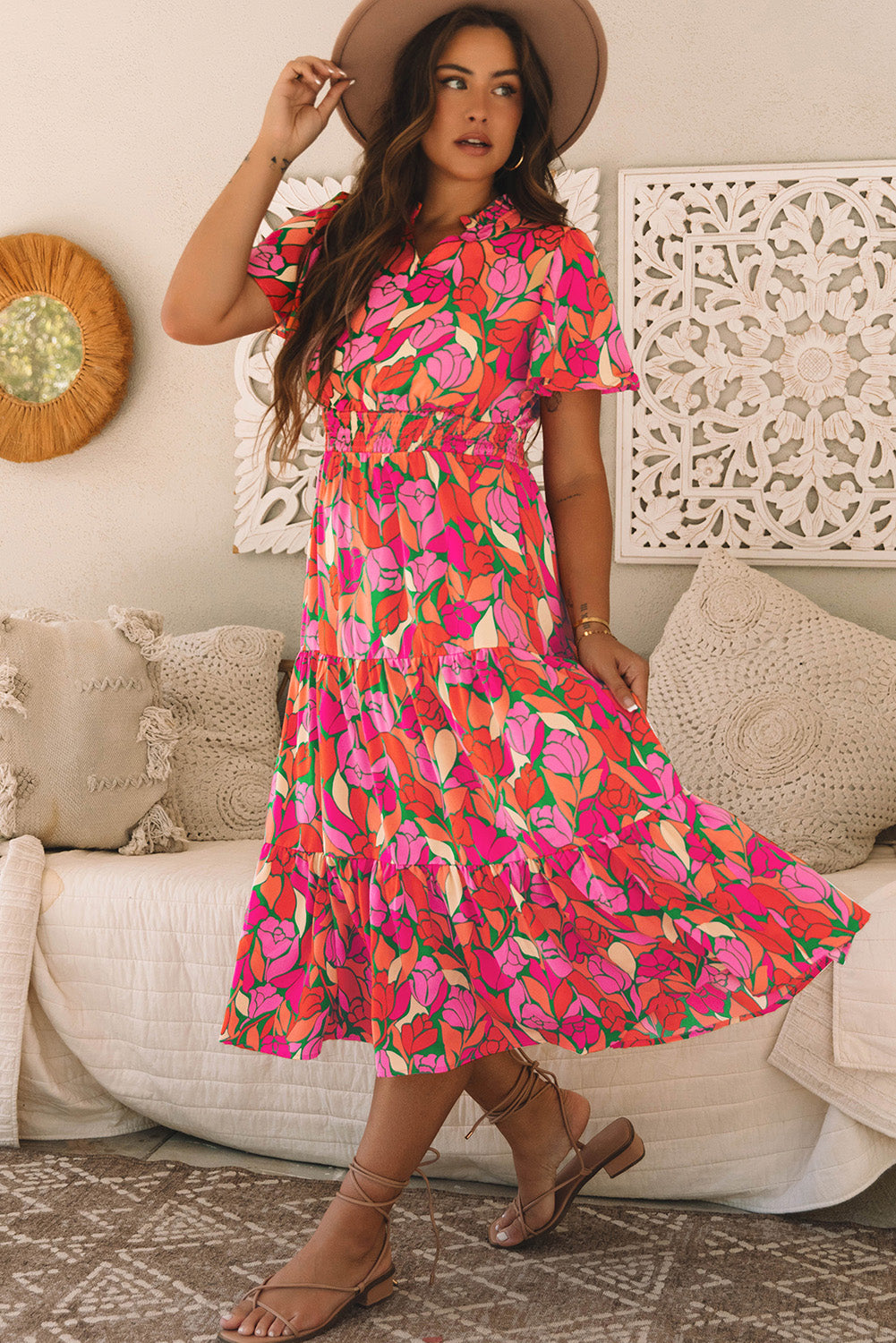 Floral Short Sleeve Smocked Waist Maxi Dress | Rose