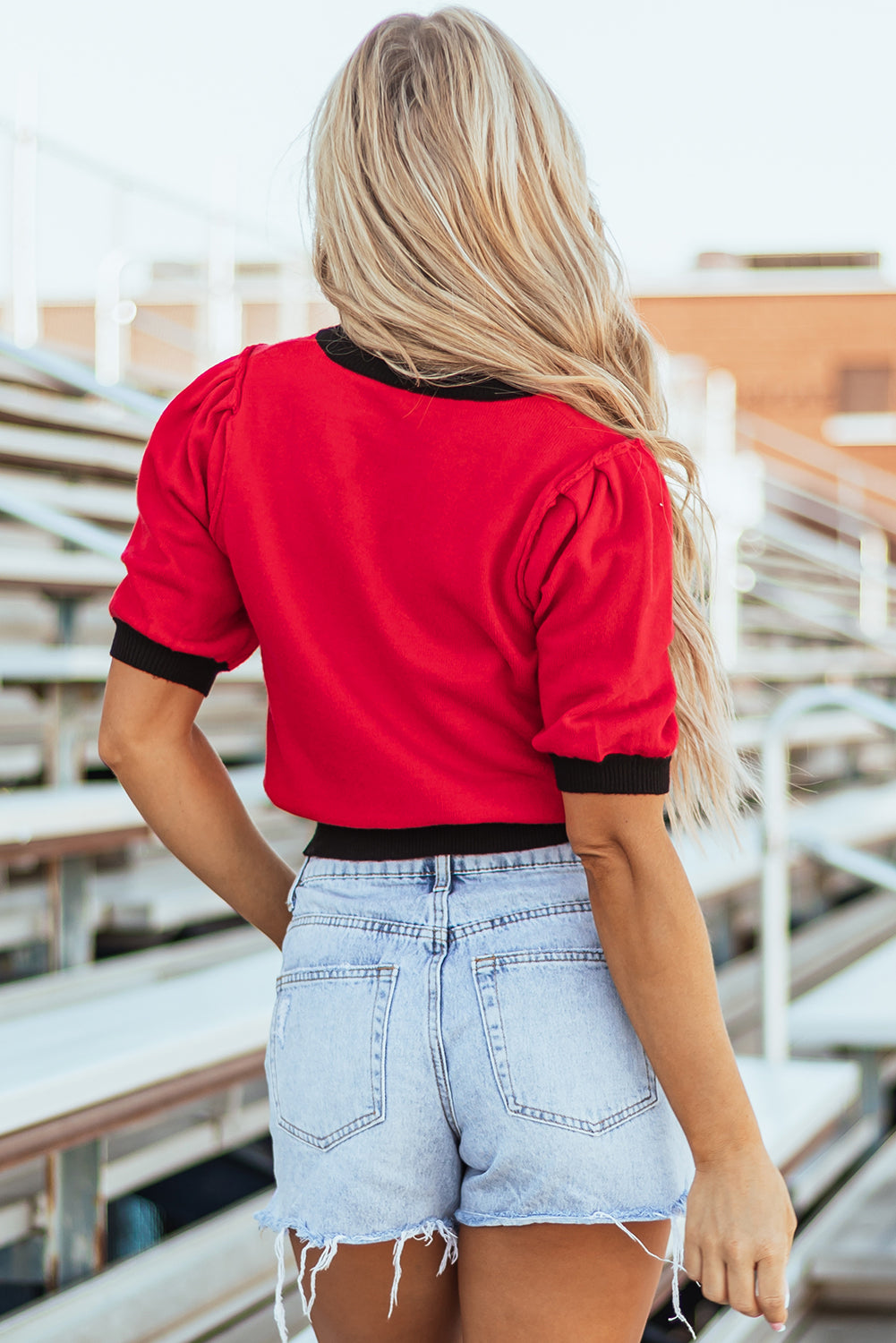 Sequin Rugby Colour Block Puff Short Sleeve Sweater | Red