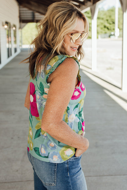 Floral Print Ruffle Trim Tank Top | Green