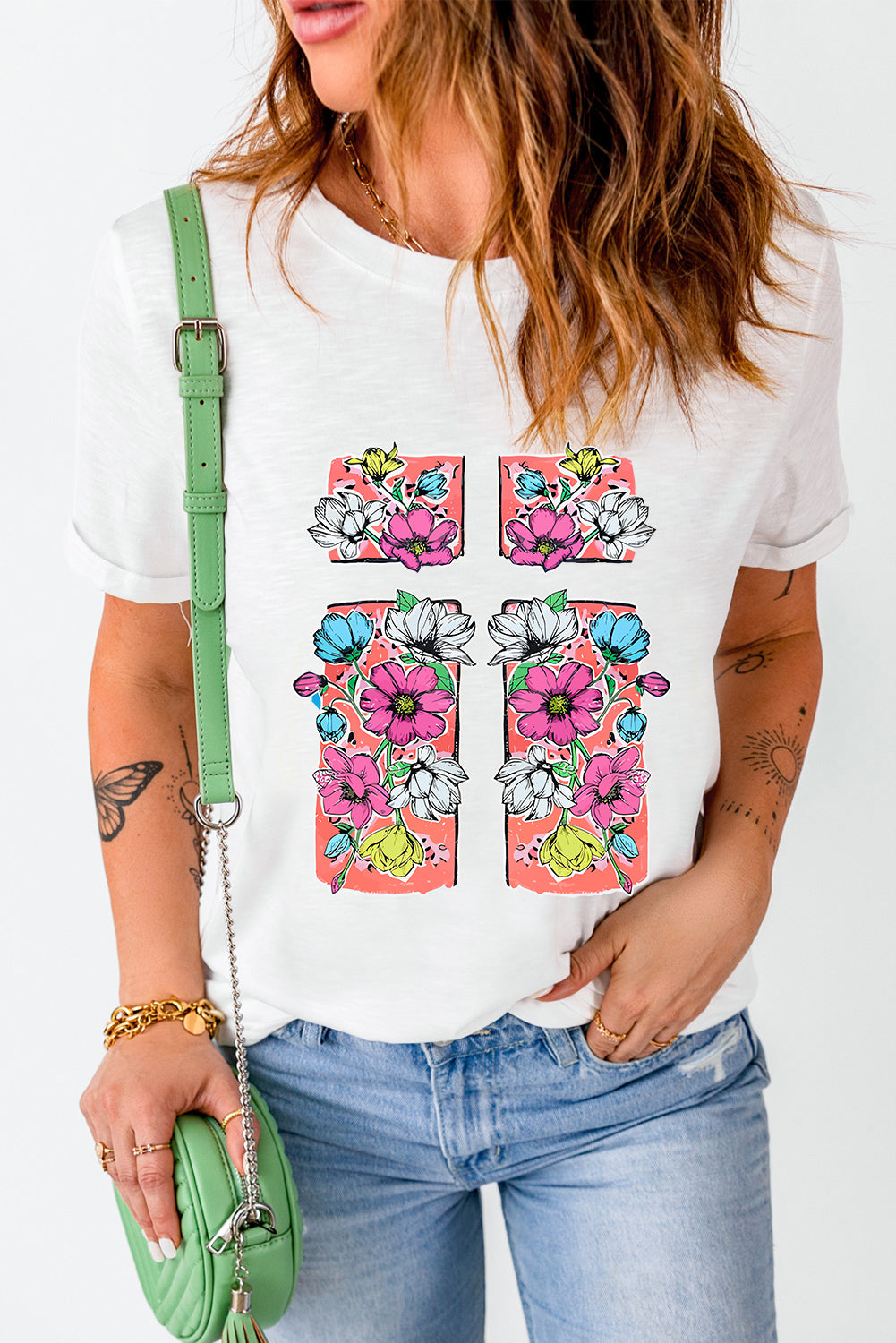 Floral Crossed Graphic Easter Round Neck T Shirt | White