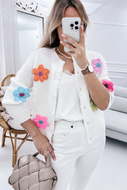 Cute Knitted Floral Pattern Button Up Cardigan | White