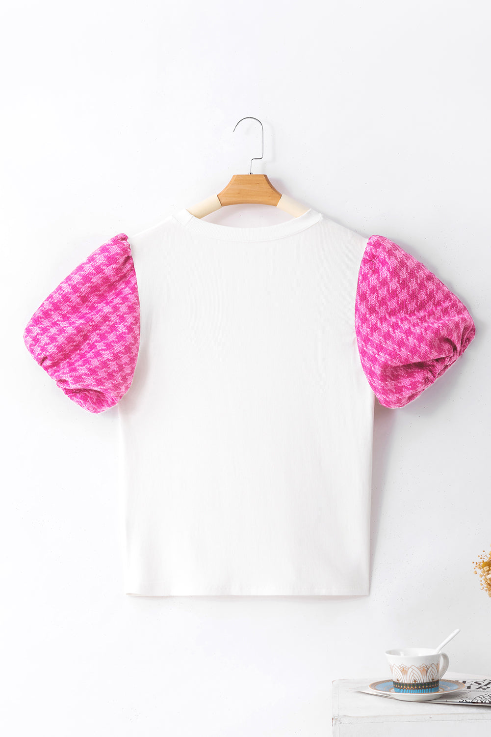 Contrast Tweed Puff Sleeve Top | White