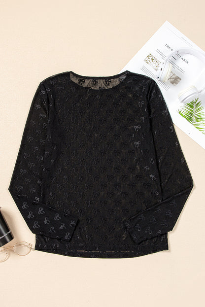 Mesh Bow Pattern Long Sleeve Top | Black