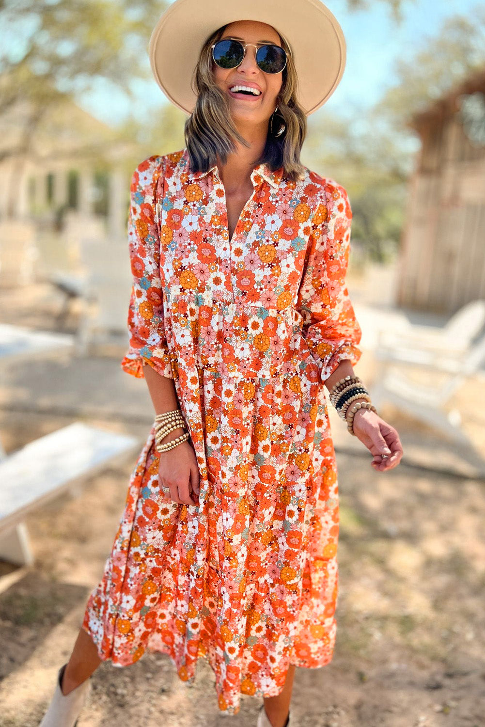 Boho Floral Collared Long Sleeve Ruffled Dress | Multicolour